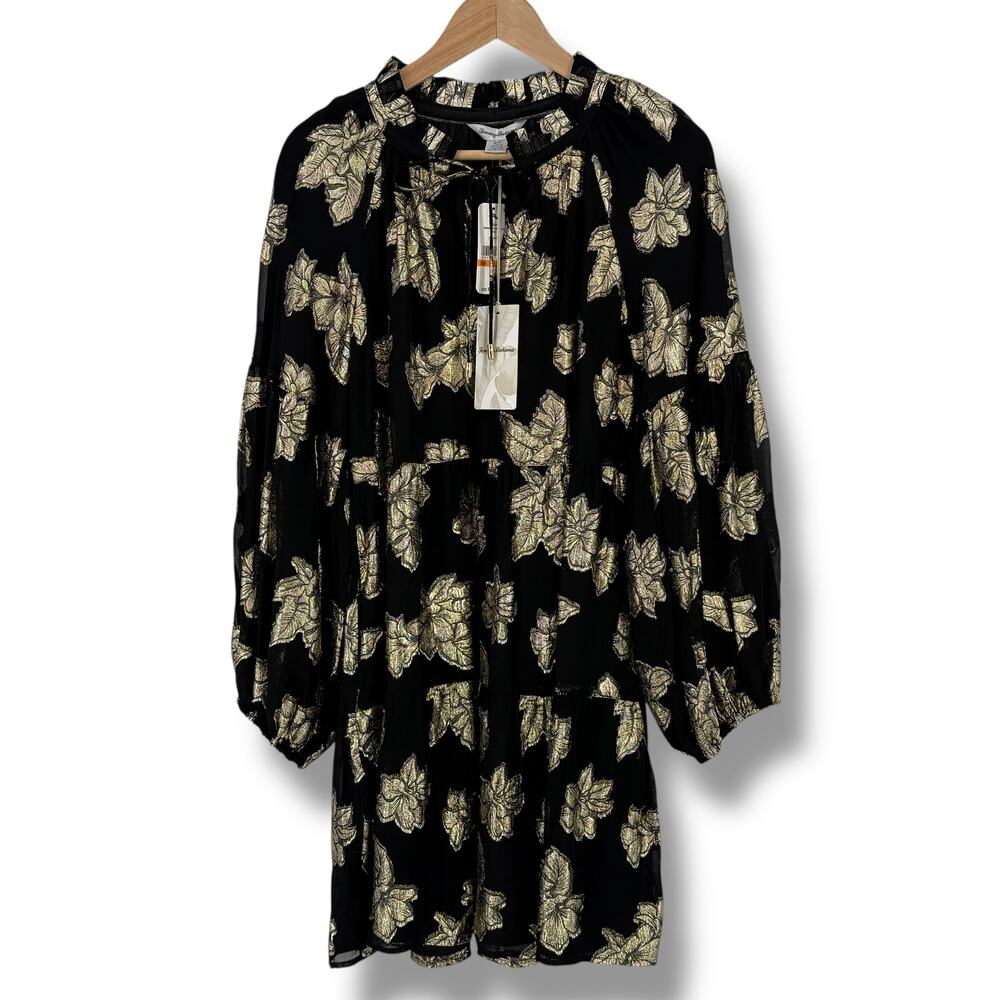 Tommy Bahama Shimmering Shores Long Sleeve Tiered Dress Sz S Black Gold
